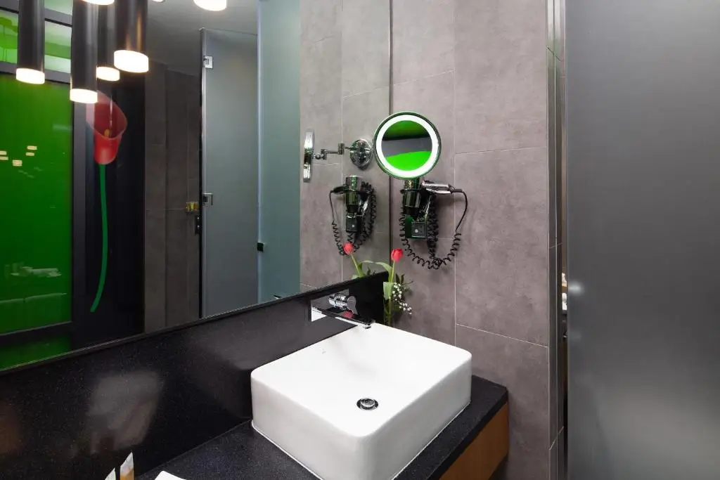 نمای نزدیک از محوطه سینک در حمام اتاق Garden Classic، دارای آینه آرایشی، سشوار و کانتر مشکی براق.